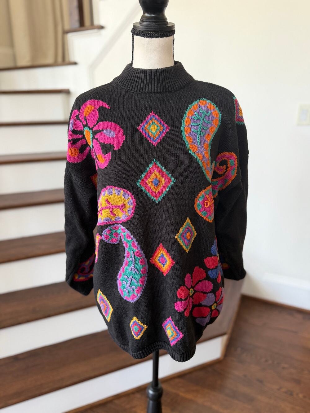 Vintage 90s Vivian Wang Black Mock Neck Psychedelic Floral Oversize Sweater